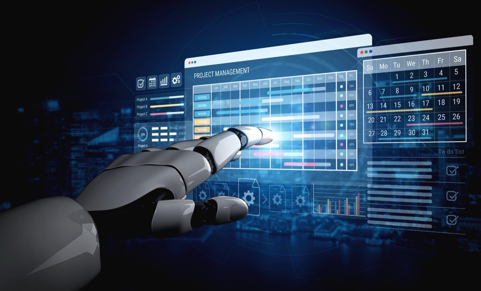 Robotic hand interacting with a project-management dashboard